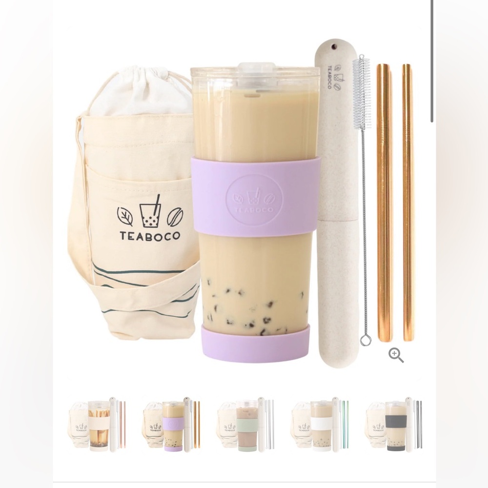 BNIB Teaboco Leak-Proof Glass Tumbler Set in Lilac with Silver Straw Set